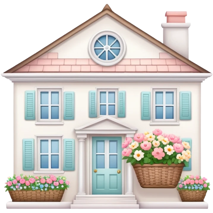 small white house with flower basket in window emoji