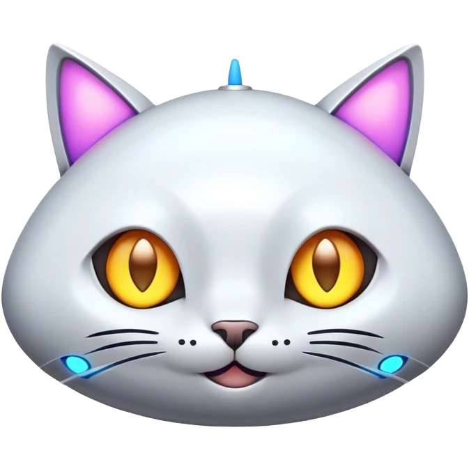 Design a simple, cute spaceship with a smooth, rounded shape. Add a 'cat-like face' on the front, with triangular shapes for ears, glowing lights for eyes, and a small curved line for a smile. Give it a playful and friendly personality. Use a plain background. emoji