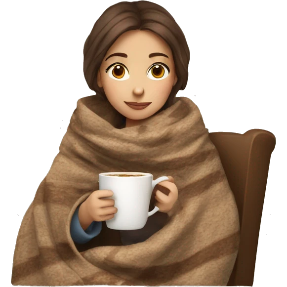 brown hair girl drinking cappuccino wrapped up with a cozy blanket emoji