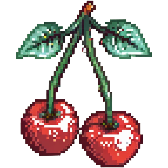 Pixel art of two shiny red cherries with green stem emoji