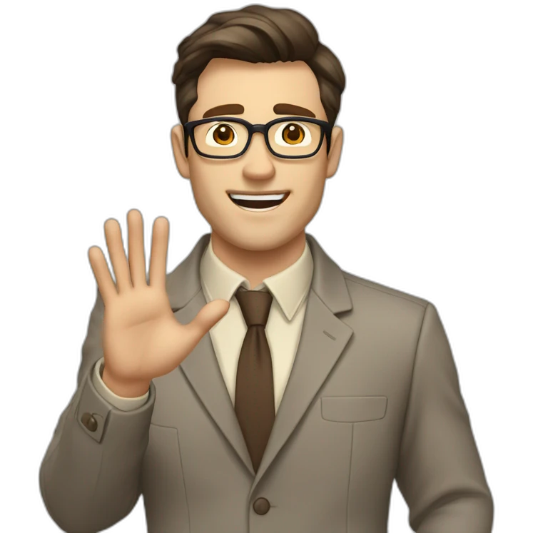 To belt Actively gesturing with hands Okay Pale skinned fit man with dark brown hair in gray jacket, beige office shirt, brown tie, brown pants and vintage glasses. emoji