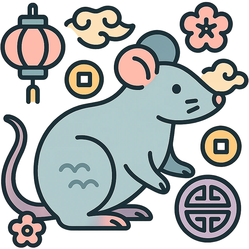 rat symbol of the year in feng shui, Chinese style, thin clean contours, soft rounded shapes, pastel palette #98B5BC, #B5B3C1, #C9A3C9, #E4C0CA, #F7DCD1, #F7C0AA, modern Japanese pop art and sticker aesthetic, detailed shadows and highlights, soft lighting, transparent background, with Chinese decor such as coins, lanterns, clouds, patterns emoji