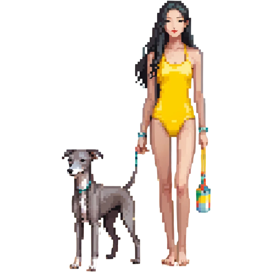Slim Chinese woman with long black hair in appropriate beach attire at the beach with her completely solid grey Italian greyhound, ocean and sand visible, the dog has absolutely no white markings anywhere emoji
