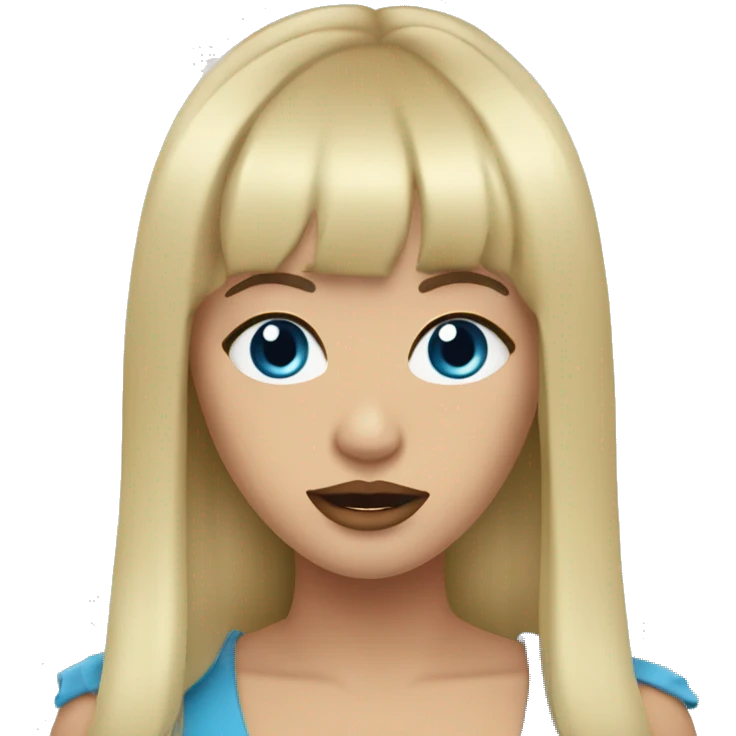 Rep lipstick, bangs cut, long hair, blonde , blue eyes singing emoji