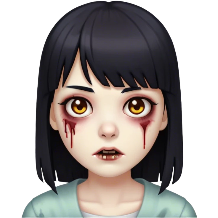 Garota zumbi com cabelos pretos lisos com franja (tipo esse emoji 🧟‍♀️) com olhos castanhos preto emoji