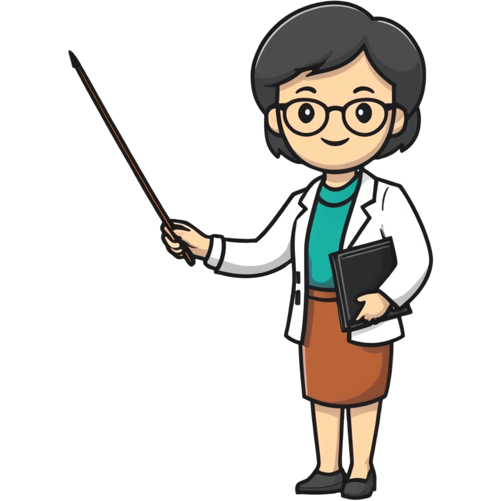 happy female professor with pointer emoji