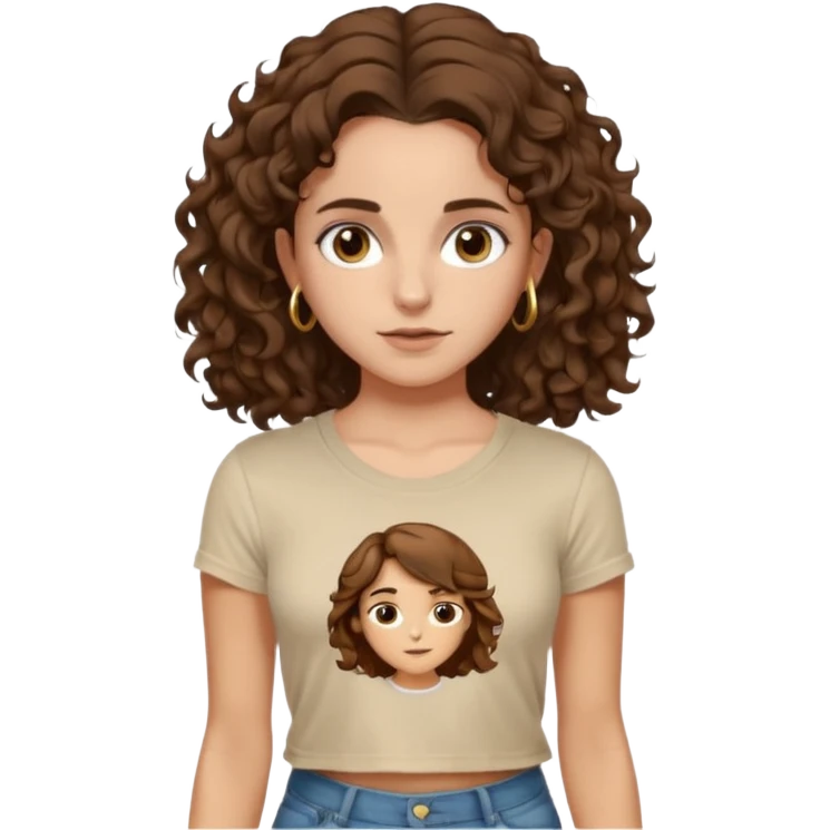 full body, very beautiful italian girl, dark brown eyes, looking like Emma Watson, with curly and big volume very bright brown hair, and a golden piercing ring in nose on left side, pulling up

 emoji