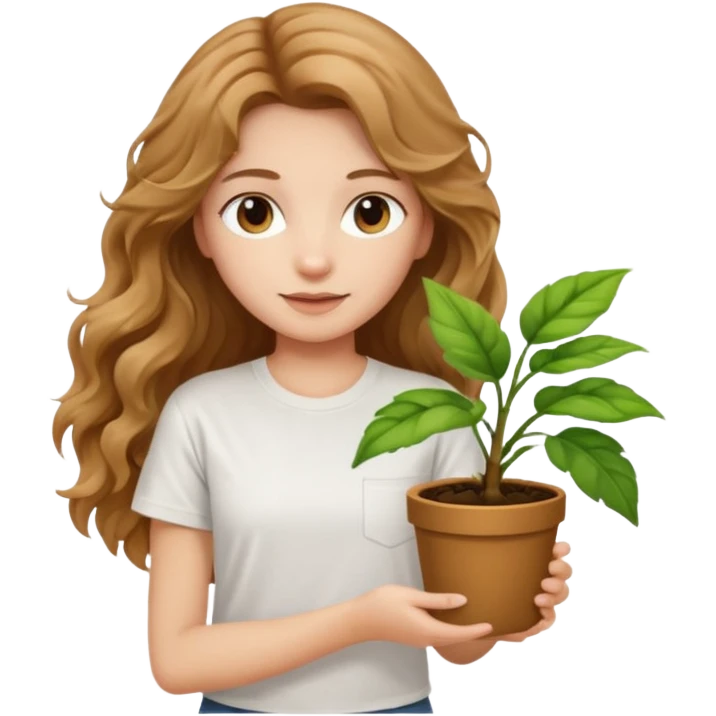 Girl with long light brown very very wavy hair and white t-shirt with plant on hand emoji