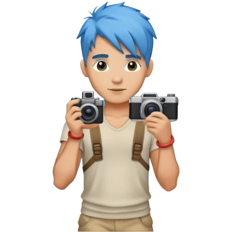 blue hair full body handsome man with camera and beach outfit  standing emoji