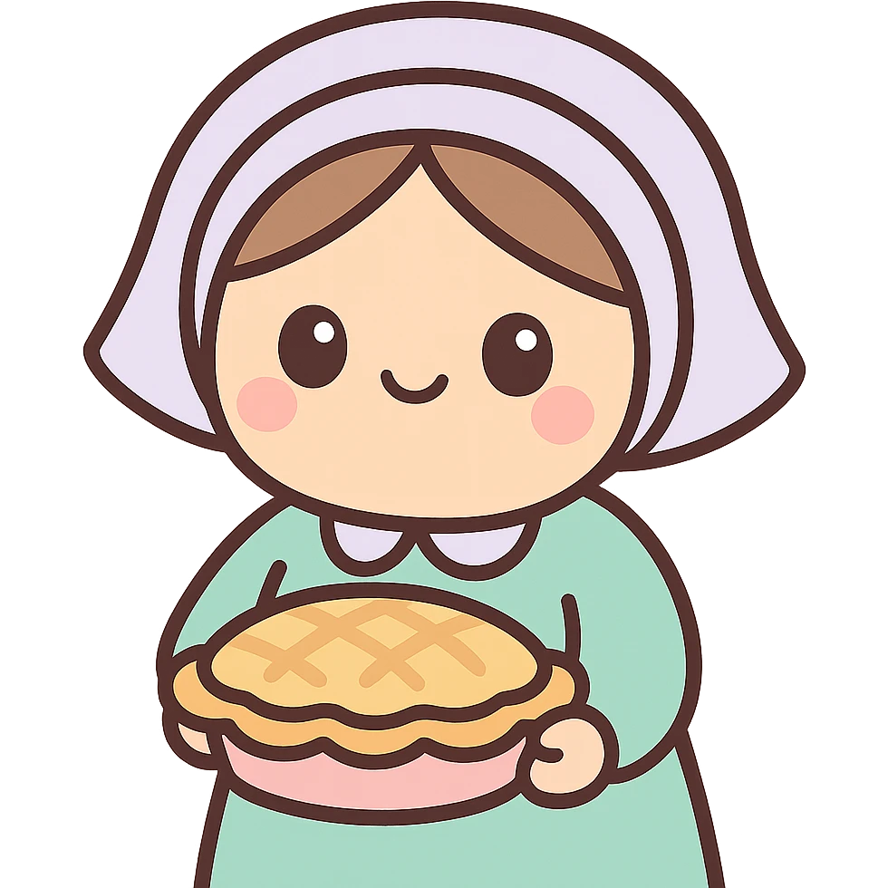 cute kawaii style emoji of an Amish woman holding a pie, wearing a bonnet emoji