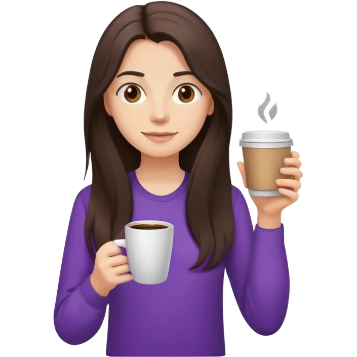 Long haired brunette in purple shirt holding one coffee emoji
