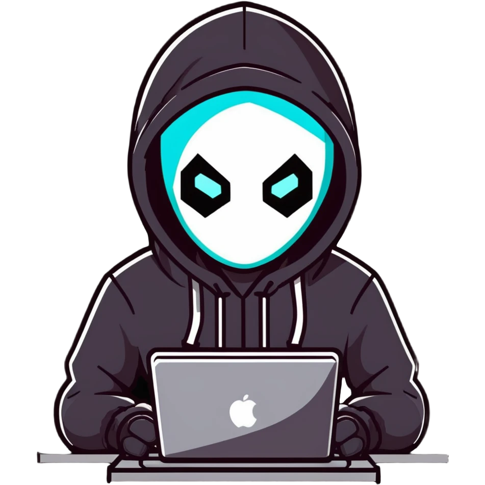 Menacing robot hacker in dark hoodie with glowing screens, digital circuits, malicious smile emoji
