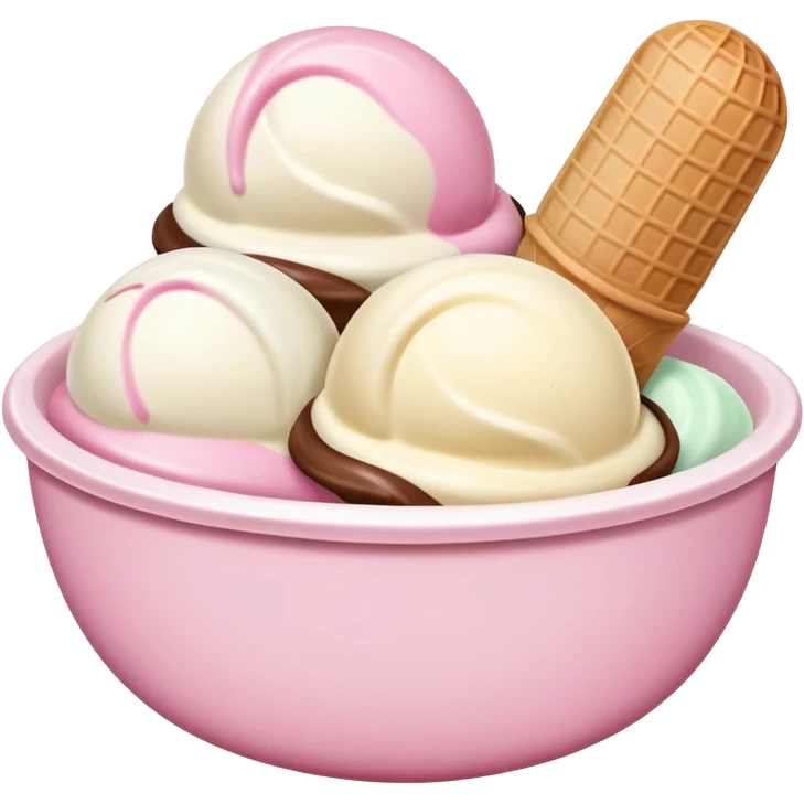White, brown, and pink ice cream scoops in a bowl emoji