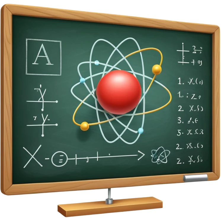 An icon featuring an atom model, a chalkboard with formulas, and a magnet with field lines, symbolizing physics. The design includes a pendulum, light waves, and circuit elements, representing the study of matter, energy, and forces. Transparent background highlights scientific emoji