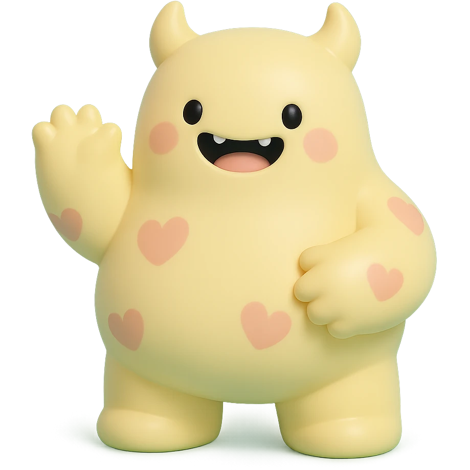 chubby monster with heart-shaped spots, smiling, playful pose emoji