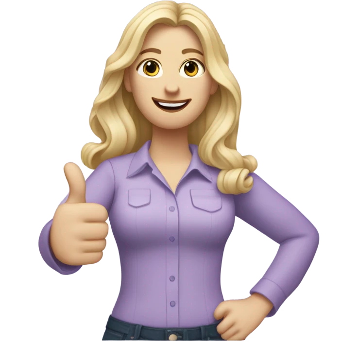 Woman, white skin, pale skin, long hair, blonde hair, wavy hair, lavender blouse, two thumbs up emoji