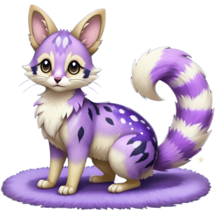 Hyper realistic  midnight-violet velvet fur soaked in starlight glitter and shadow gradients beautiful elegant pretty precious cute  Fakémon-Pokémon-opossum-feline-serval-caracal-chinchilla-Furret-Minccino-hybrid-creature with a big fluffy bushy tail (full body) emoji