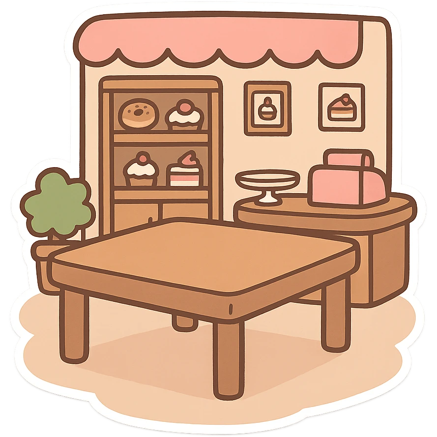 一个可爱的甜品店室内场景，前面有一张方形大桌子 emoji