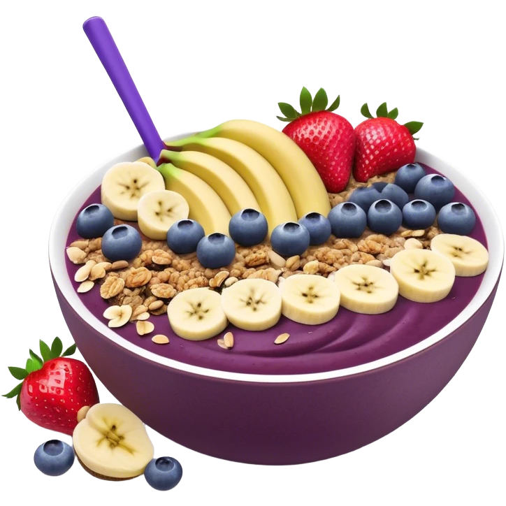 A vibrant açaí bowl with a deep purple smoothie base, topped with neatly arranged banana slices, fresh strawberries, blueberries, granola, and coconut flakes. The bowl is modern and minimal, with clean lines and a balanced composition. Flat, digital illustration, cartoon style, icon, white background, iOS emoji aesthetic. emoji