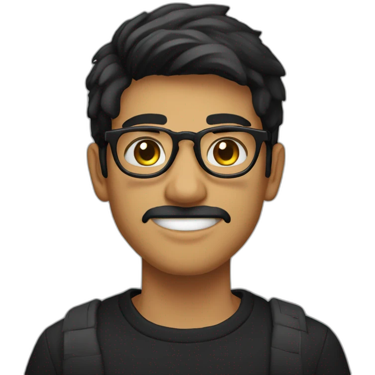 a light skin Pakistani teenager, wearing round glasses, short moustache, black straight hair, black jumper/sweater, structured manly face emoji