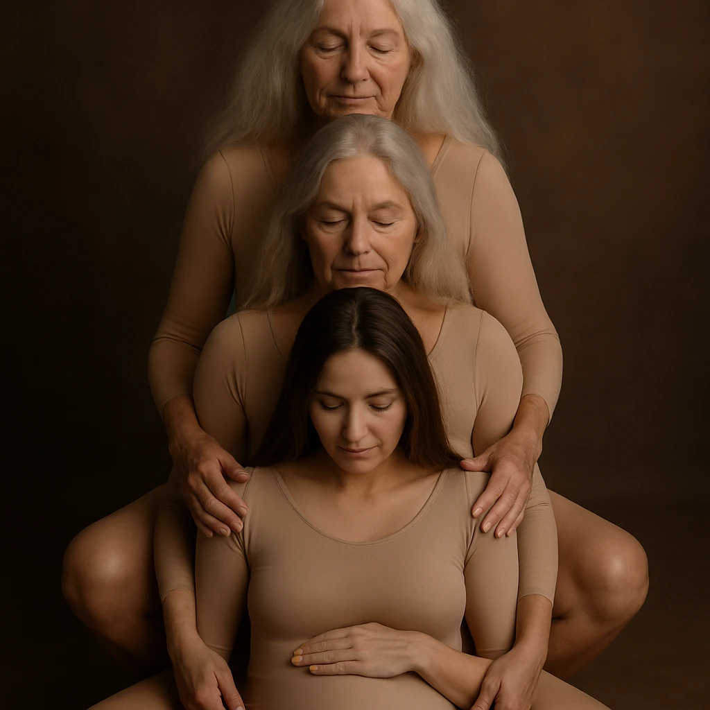 Create a realistic and volumetric illustration of several generations of women sitting one behind another, similar to the reference image. All women are dressed in flesh-colored bodysuits. The drawing should have detailed shadows and highlights, with poses and composition matching the reference. The image should be tasteful and contain no nudity. emoji