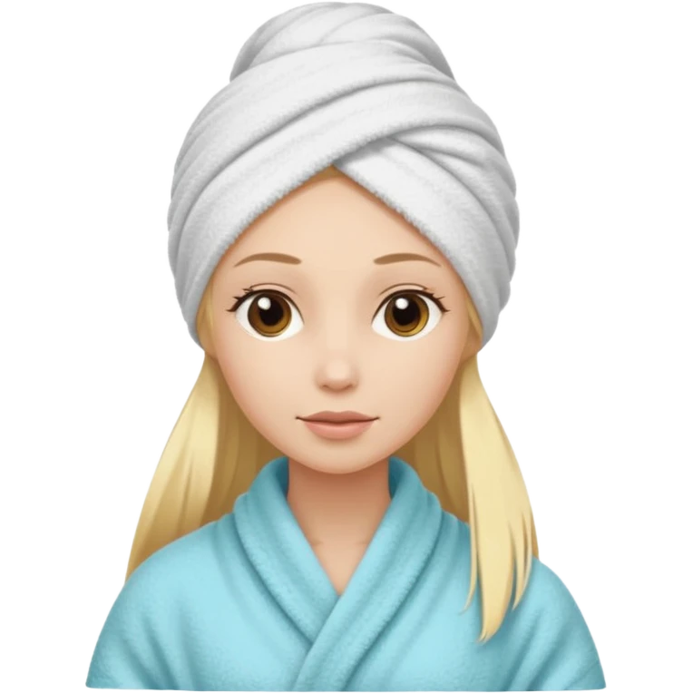 mulher branca e loira cabelo longo com toalha na cabeça tipo spa emoji