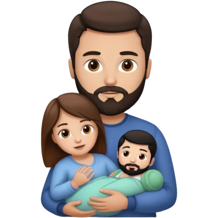 Una mujer con pelo castaño y ojos marrones  con un bebé y un hombre con pelo negro y barba emoji