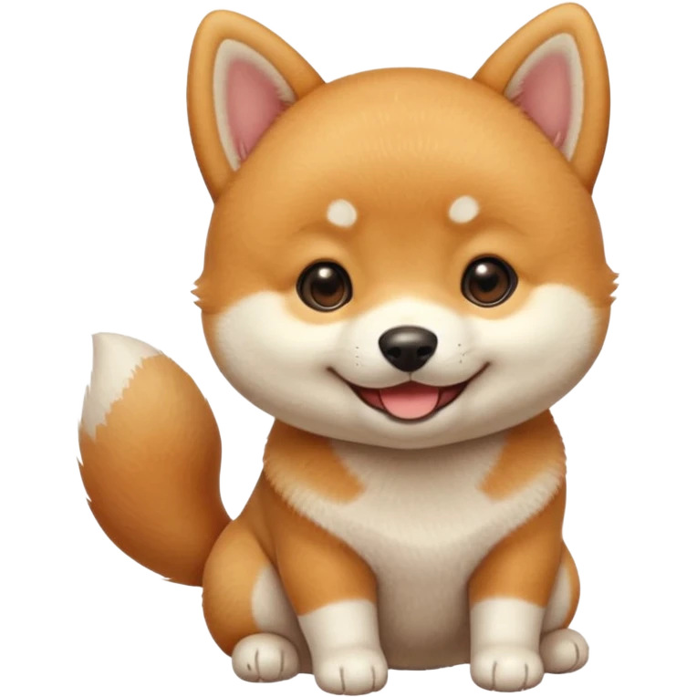 3 month old Shiba Inu puppy, big round eyes, soft orange and white fur, tiny paws, smiling expression, emoji style, simple vector, clean lines, soft shading, pastel background, centered, 1:1 ratio, high quality, cute sticker design emoji
