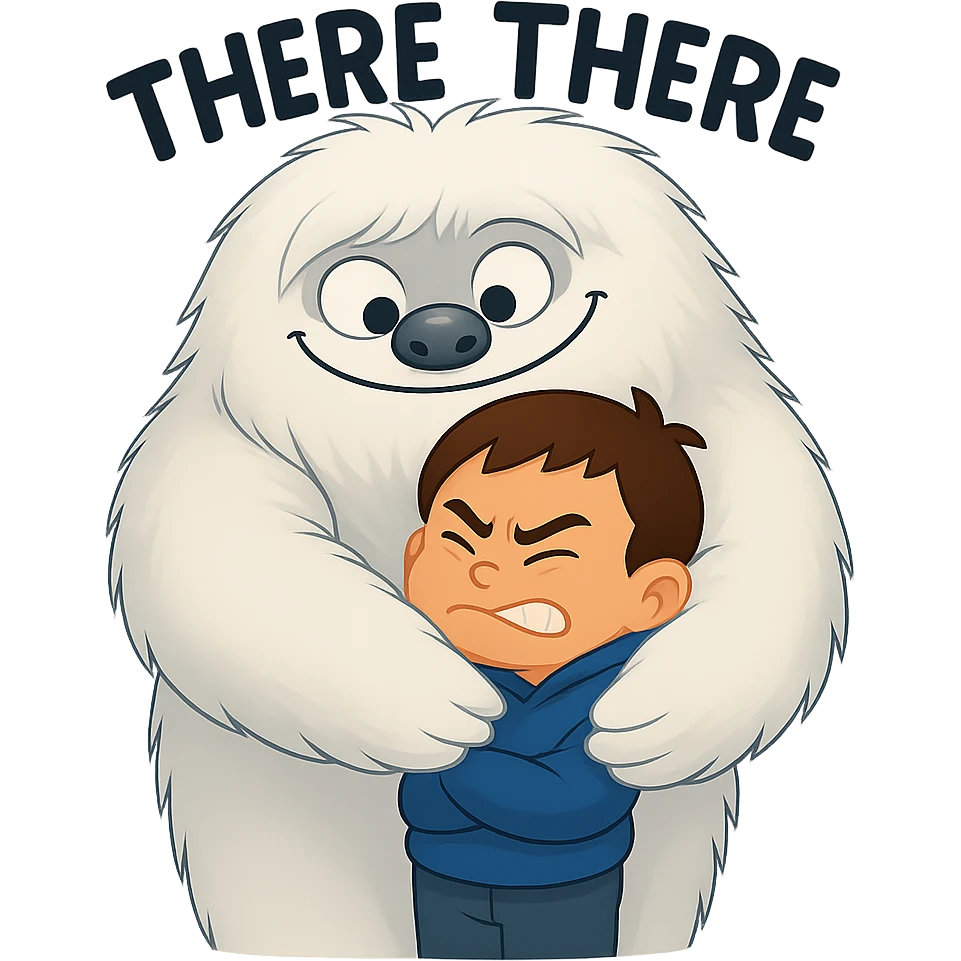 Add the words 'there there' going through the head of the Abominable Snowman as he hugs the much smaller kid, keep the background transparent. The style should resemble the original image's look and feel. emoji