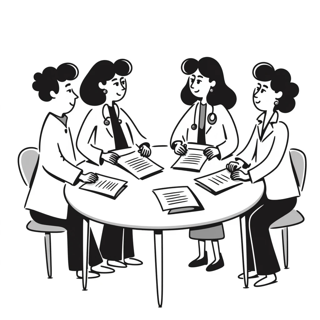 Hand-drawn meeting of emergency medical fund committee with doctors, nurses and financial documents emoji