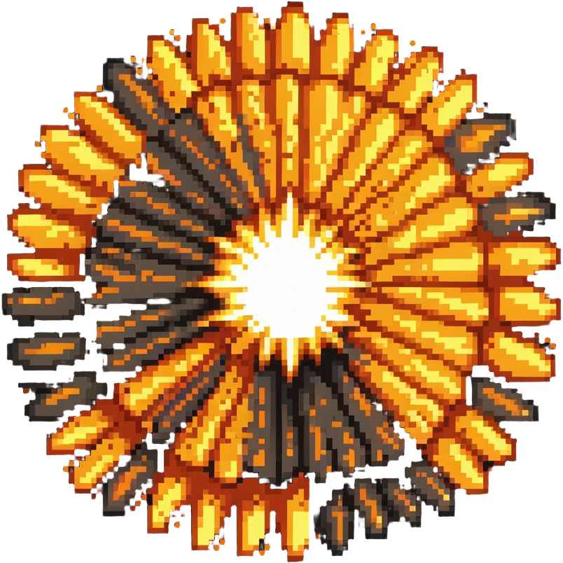 Bomberman explosion center tile, bright fiery explosion core with yellows and oranges radiating from center, 90% of tile with subtle glow effect, clean pixel art edges, slight transparency at edges emoji