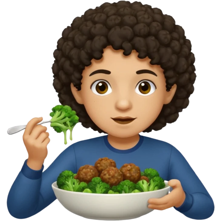 Grillo con capelli ricci scuri che mangia broccoli bolliti e polpette emoji