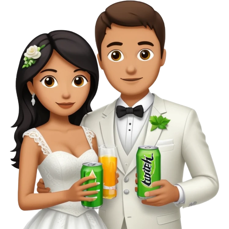 mexican wife in white wedding dress and white husband in wedding suit holding monster energy drink emoji