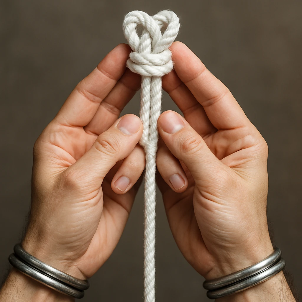 Make the hands and rope more realistic, with the white rope coming down between the hands, in a detailed style. Please note the original style is not specified, so use a general detailed style for realism. emoji