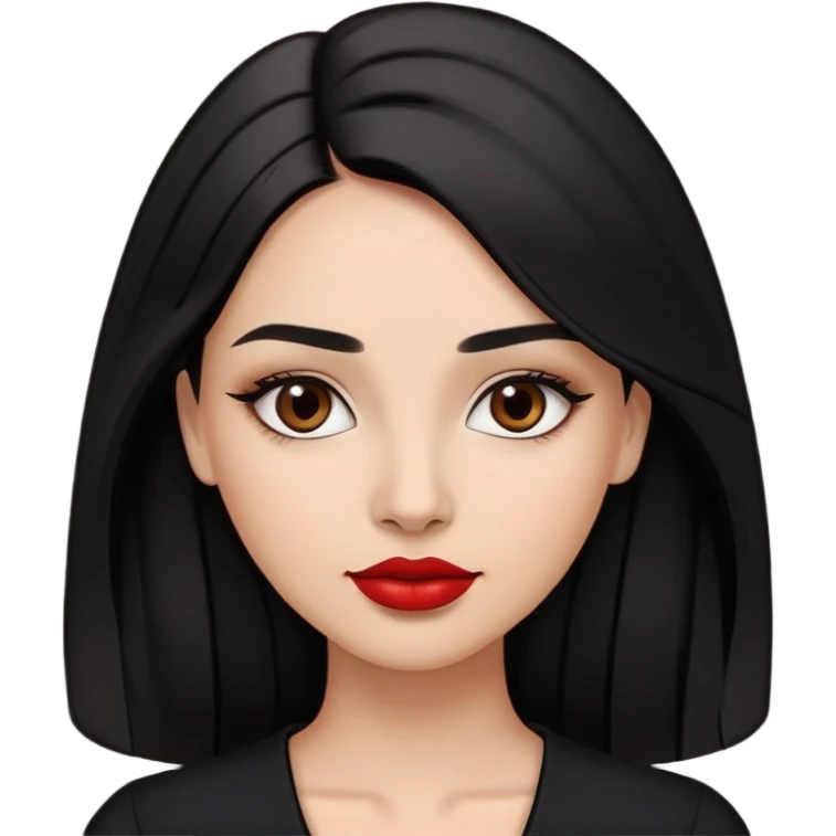 Confident young woman with oval face, elegant features, dark brown eyes, arched eyebrows, red lipstick, light brown skin, long black hair, wearing a black top emoji