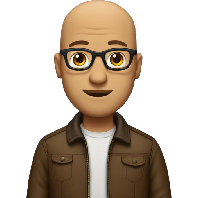 bald man with glasses and hair only on his sides of thehad with a brown leathr jacket emoji