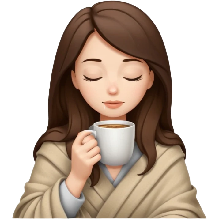girl with brunette hair wrapped in a blanket, sipping coffee, eyes closed emoji