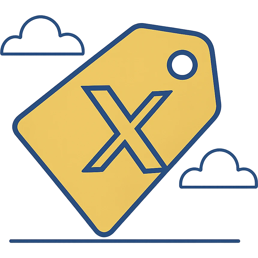 yellow tag icon, flat minimal modern style, bold X logo on the tag, inspired by X (Twitter) branding emoji