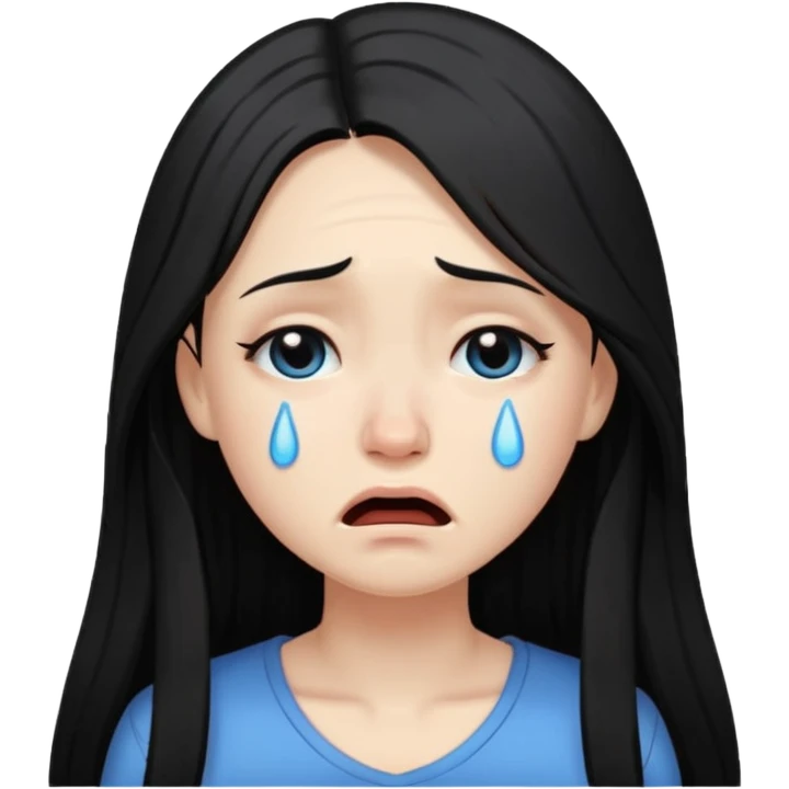 pale girl with long black hair, crying emoji