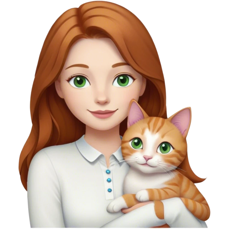 woman with long, middle-parted brown hair, blue eyes, pretty eyelashes, and mauve lips
Wearing a white long-sleeve blouse
Smiling softly and holding a ginger tabby cat with green eyes.
 emoji