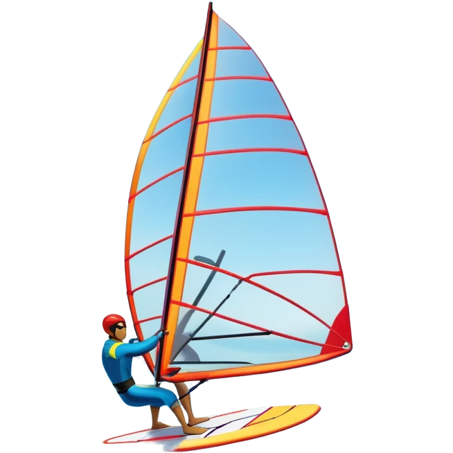 A windsurfer gliding across the ocean, with a vibrant sail catching the wind. The scene captures the motion of the board riding the ocean waves, surrounded by the bright blue sky and ocean, symbolizing the excitement and skill required in the sport of windsurfing. emoji