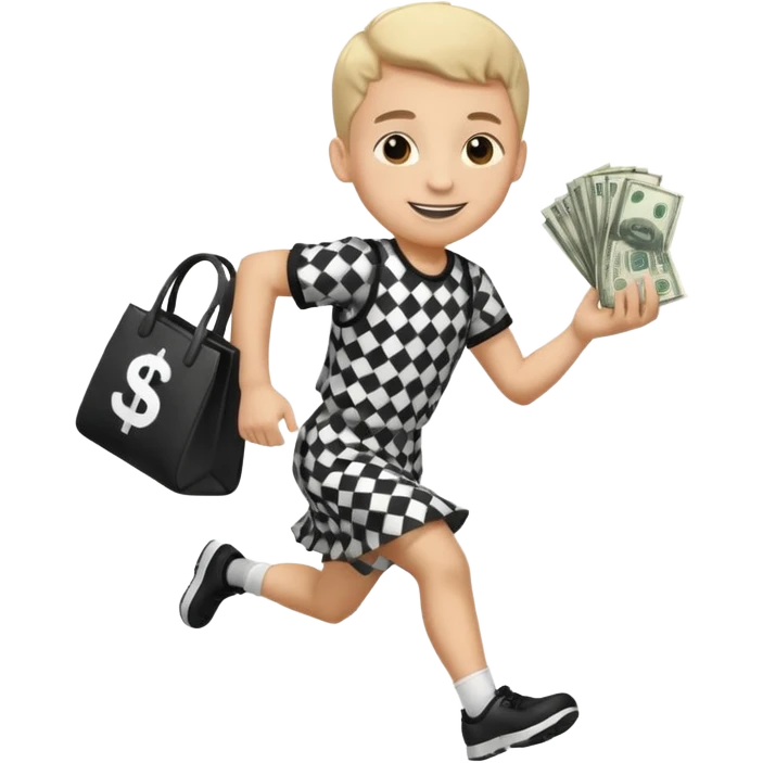 Robber running with Money bag black and white check dress boy emoji