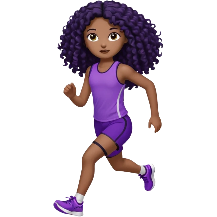 Uma boneca morena escura com olhos castanhos e cabelo cacheado longo preto até o peito, treinando correndo a roupa top até o meio da barriga roxo com detalhes preto e short roxo com detalhes preto emoji
