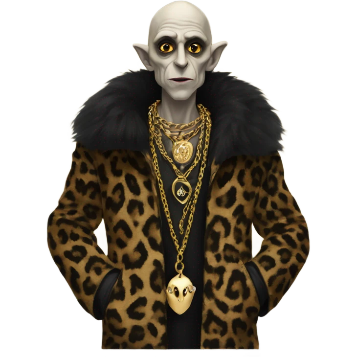 Nosferatu wearing a leopard print fur jacket with gold chains on emoji