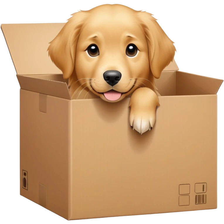  A very cute young Golden Retriever  with one's head tilted to one side poked its paws out of the cardboard big box and placed them on top of it emoji