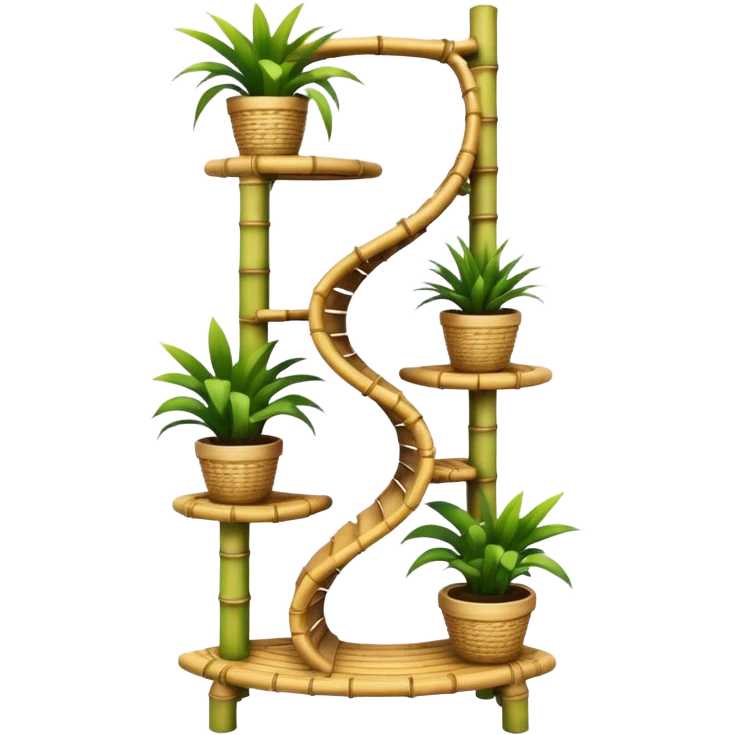 Large futuristic multi-tier multi-level curved spiral step plant rack constructed from split bamboo poles  emoji
