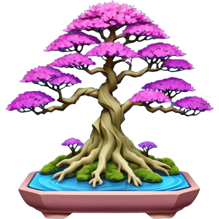 Futuristic wild glowing et alien moss maples Bonsai hair-fine-leaf group crimson crystal boxwood purple and cream pink blue informal rocky cliffhanger eight trees forest planting in shallow origami slab style pot with big feet  emoji