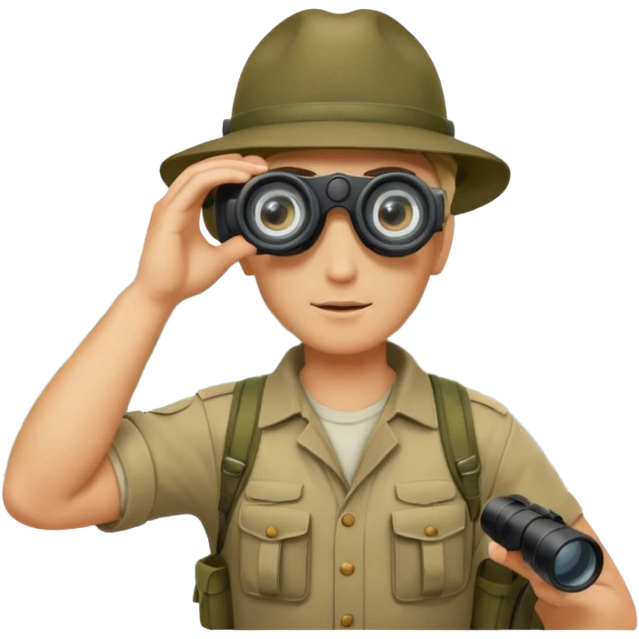 A rugged explorer in khaki gear, binoculars raised, scanning distant landscapes.
 emoji