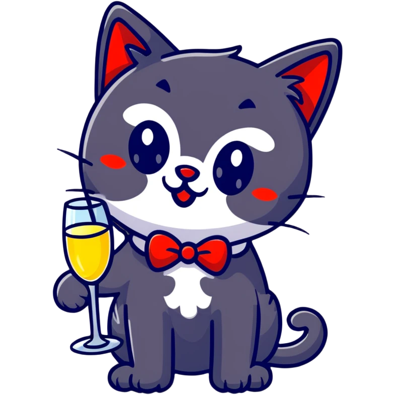 black cat with a red clown nose and a glass of champagne in its paw, playful and festive emoji