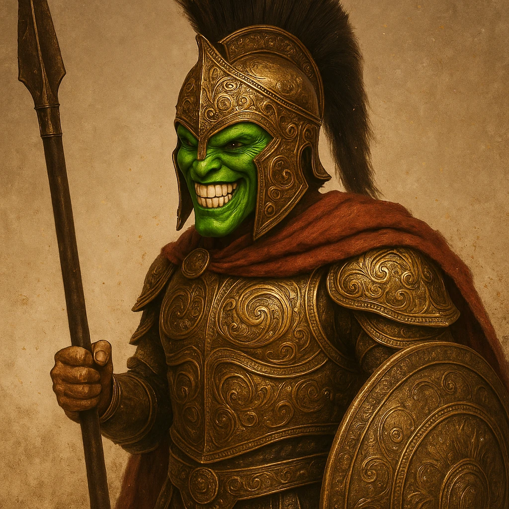 Make the Spartan helmet and armor more elaborate, adding detailed patterns, gold accents, and battle-worn textures, while keeping the Mask's character. emoji
